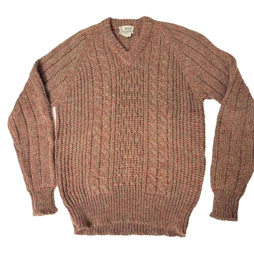 Vintage Adam Sloane Sweater Men L Brown Red Cable Knit V Neck Grandpa 90s